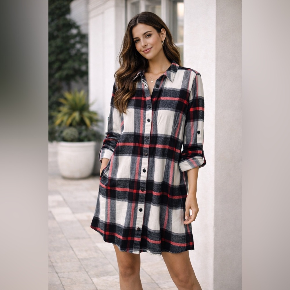 Plaid Shirt Dress Tunic | Black Red White Flannel Style | Button Front |